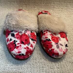 Vintage Victoria's Secret Satin Slipper Mules Faux Fur Red Rose Floral Large L
